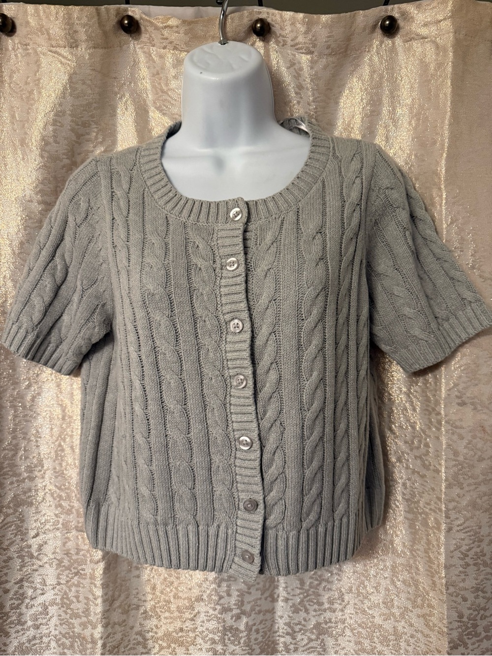 Pink Rose Light Gray Short-Sleeve Cable Knit Button Cardigan